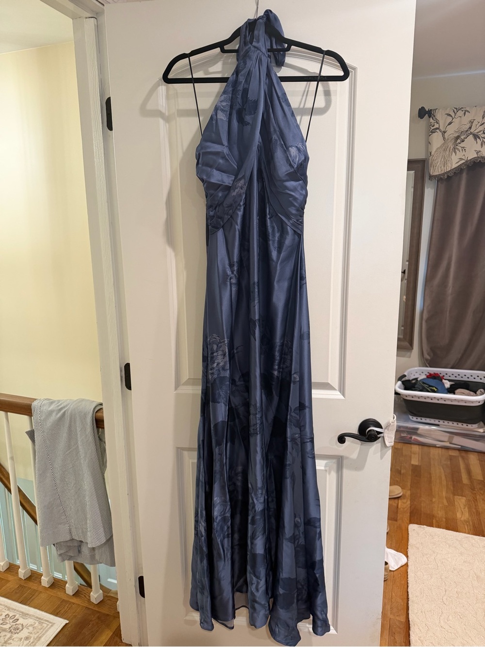 Reformation Veria Silk Blue Floral Halter Evening Gown